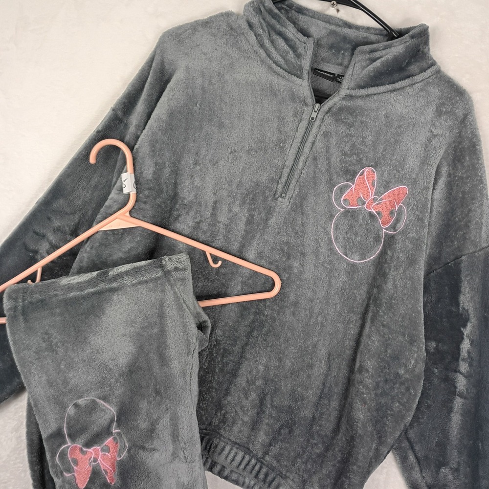 Disney Lounge Set Womens Large Grey Minnie Mouse Plush Fleece Pullover Joggers